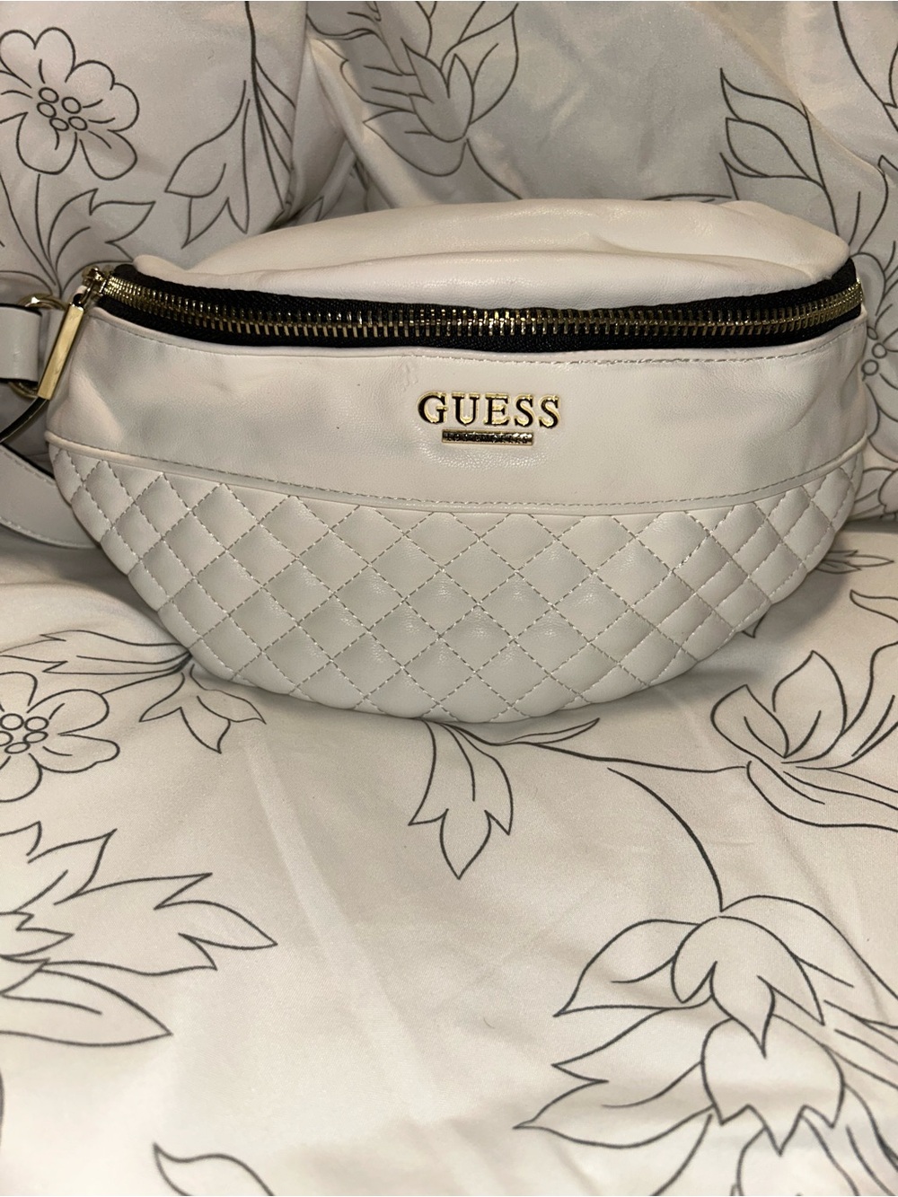 GUESS White Quilted  Belt Bag with Gold Hardware